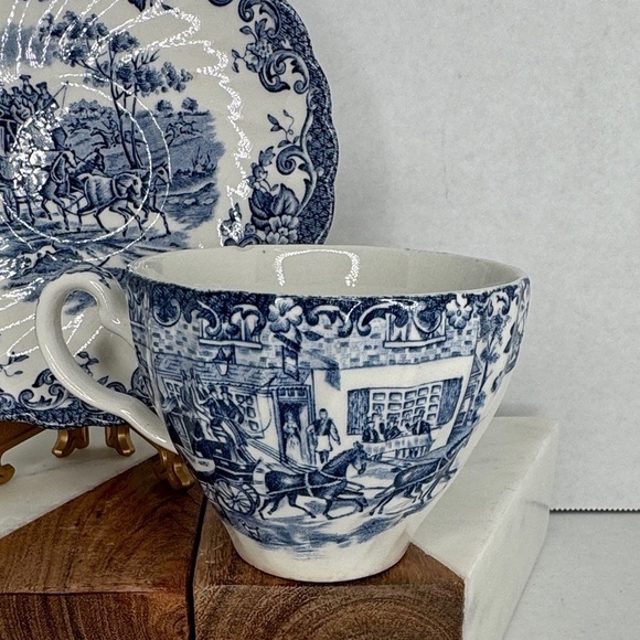 Johnson Brothers Coffee Cups and Saucers COACHING SCENES Regency Blue and White - Picture 5 of 11